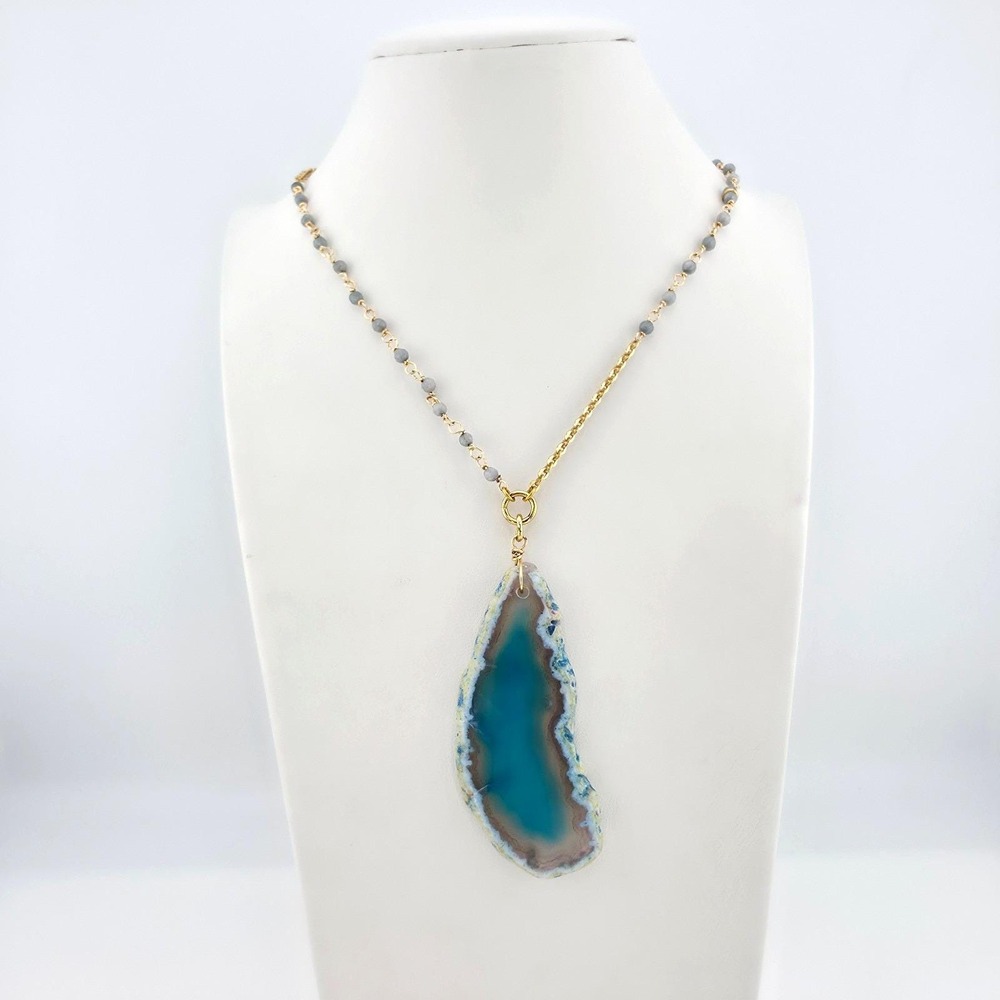 Agate Necklace Necklace Teal Blue Semi-Precious Gemstone‎ Slice Gold Plate 36"